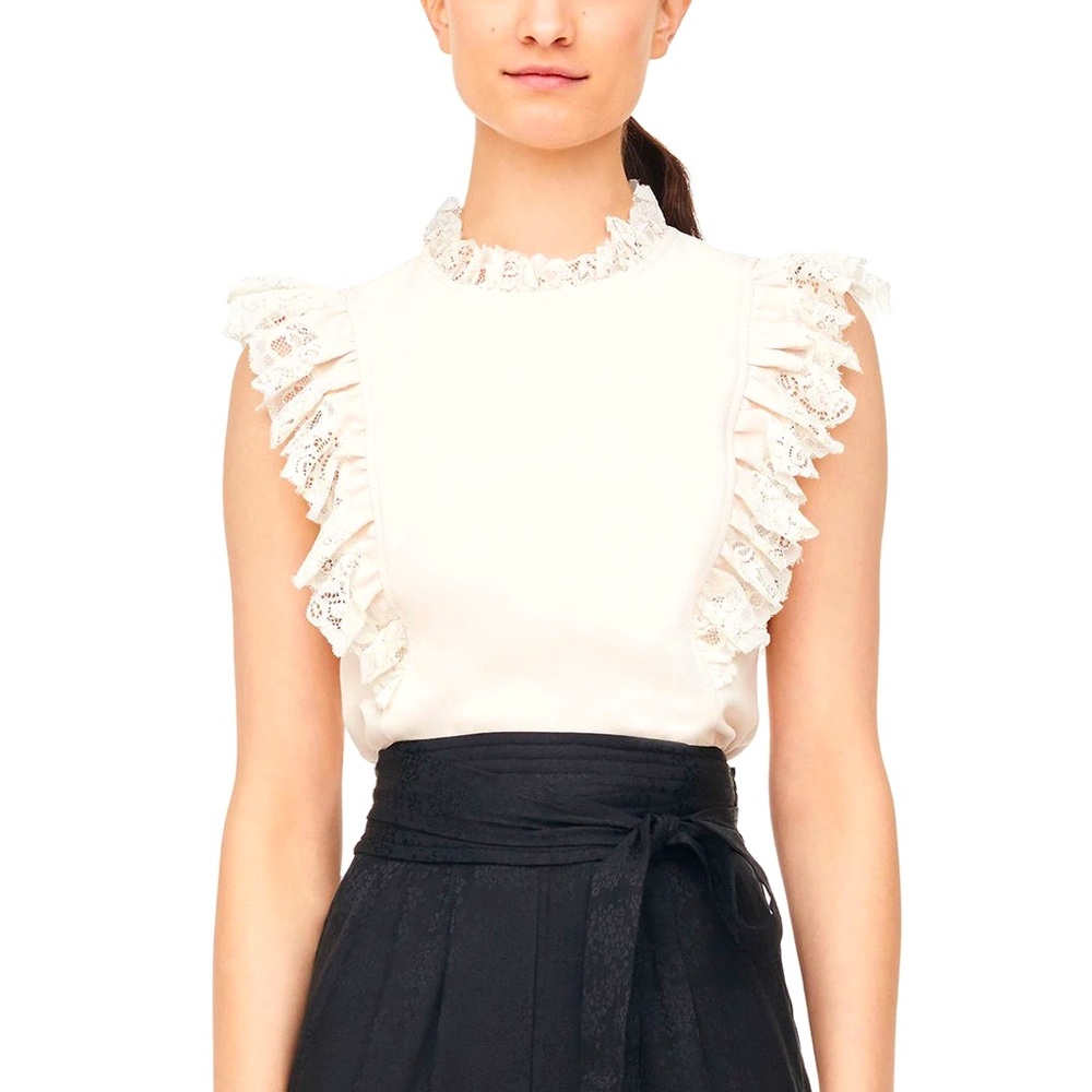 Rebecca Taylor Crepe Lace Top - Cream